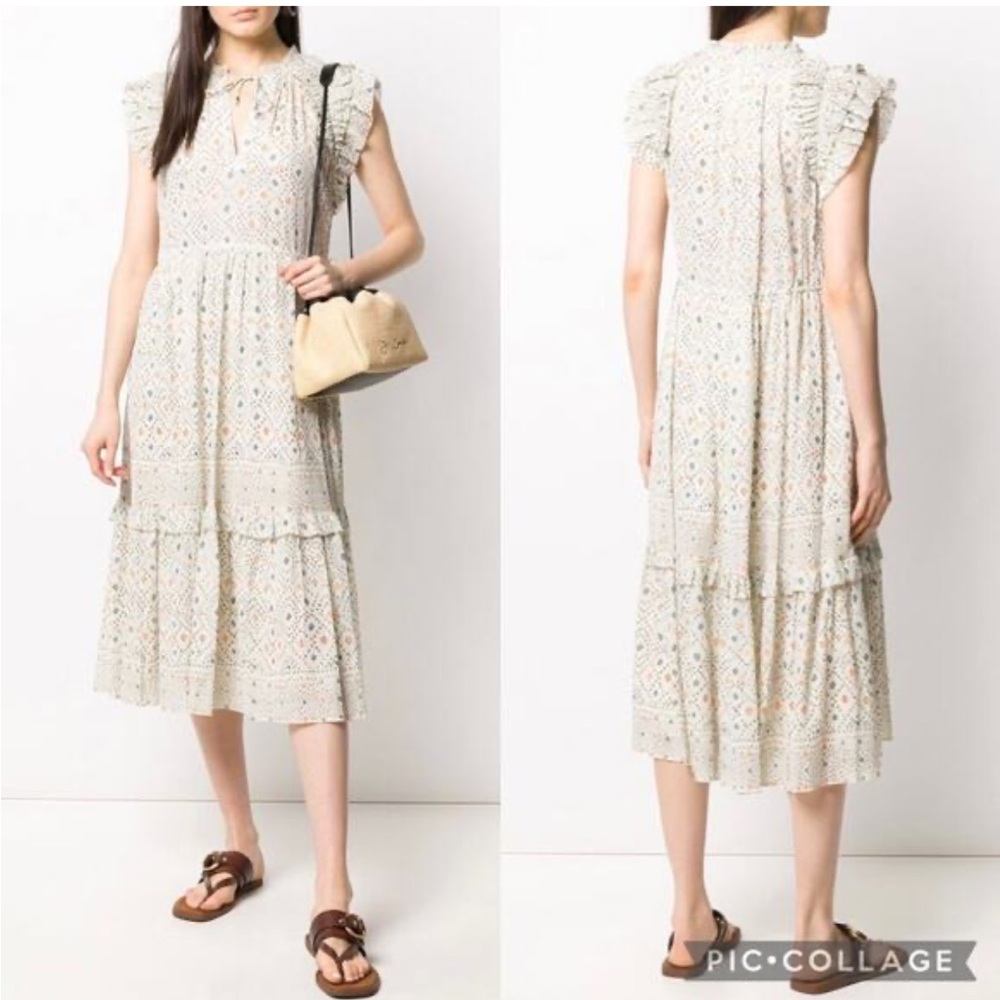 Ulla Johnson Linnea Flutter Sleeve Cream Pattern Midi Dress Quiet Luxury, 4